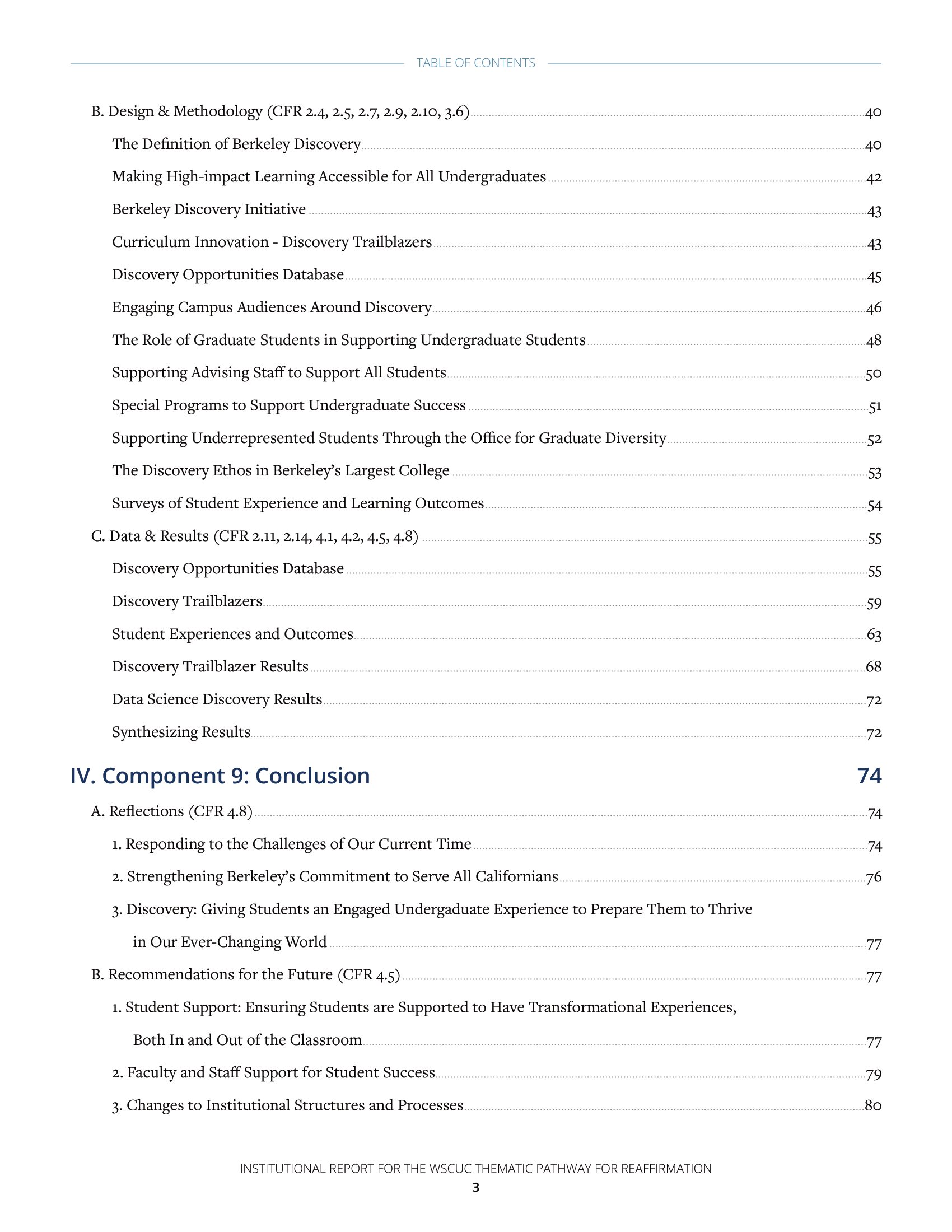 UC Berkeley WSCUC report table of contents continued